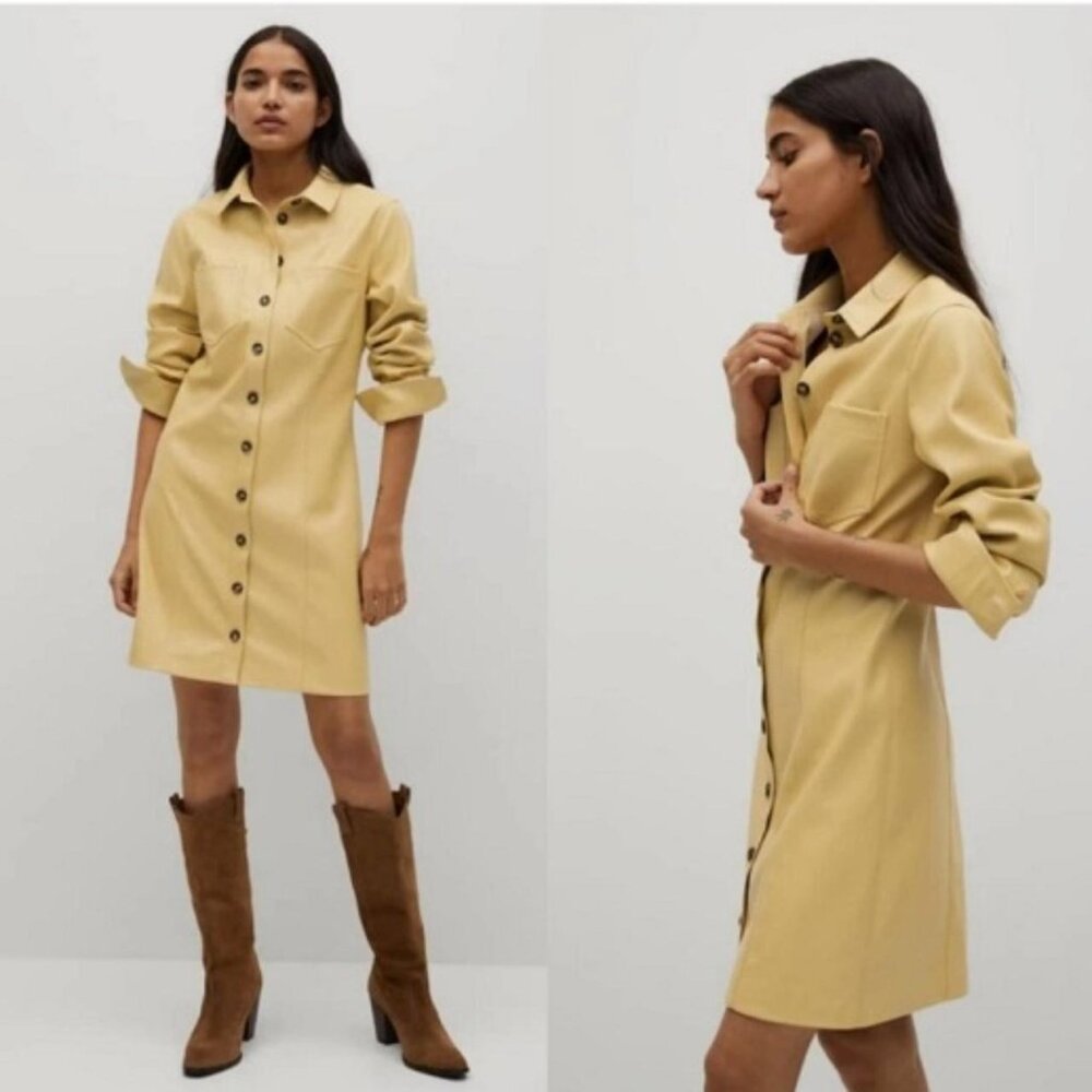 MANGO Faux Leather Dress in Butter Yellow size S